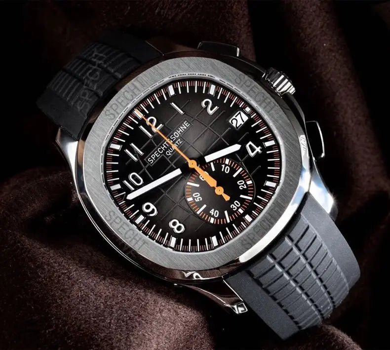 Specht & Söhne New Classic 5167 men's watch with orange accents, black dial, rubber strap, 50m water resistant