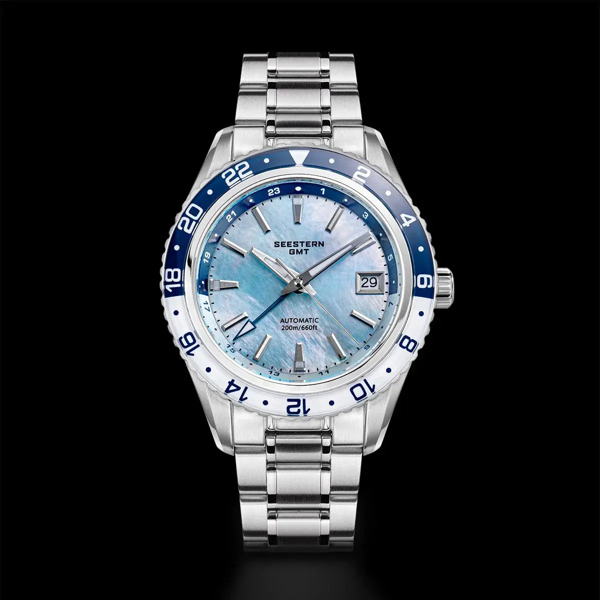 Seestern GMT automatic diver watch with stainless steel bracelet, blue dial, sapphire glass bezel, 200m water resistant