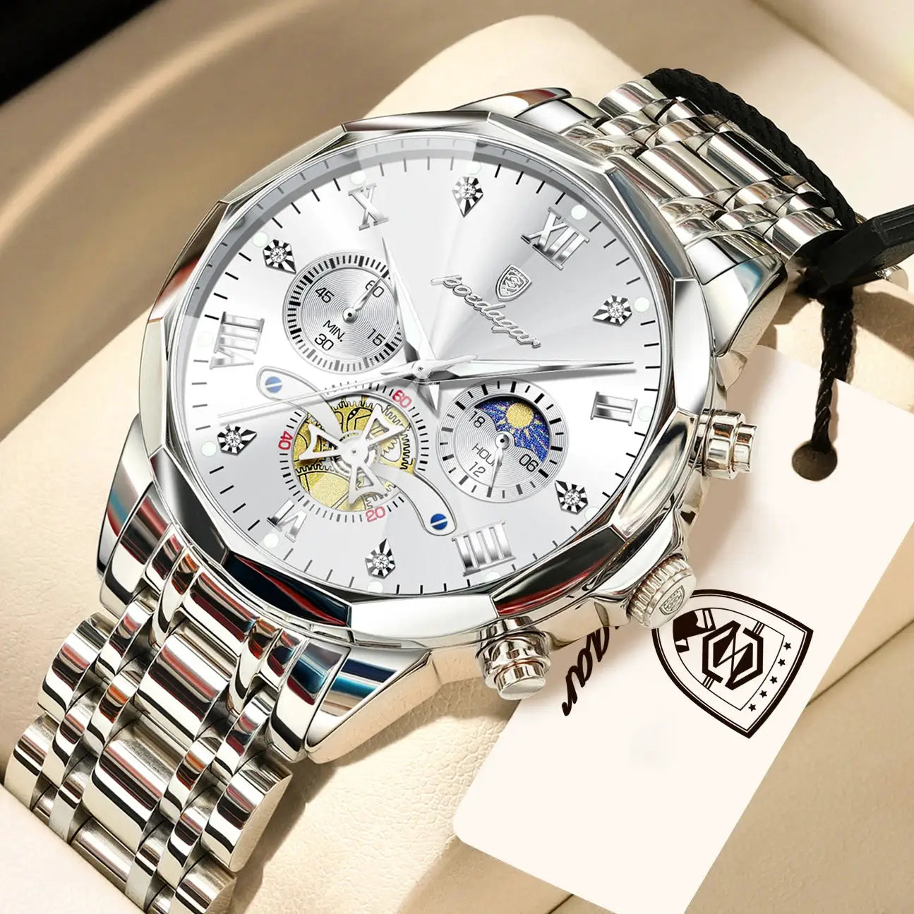 POEDAGAR Exquisite Business Mens Watch Waterproof Luminous Chronograph Luxury Stainless Steel Quartz Wristwatch