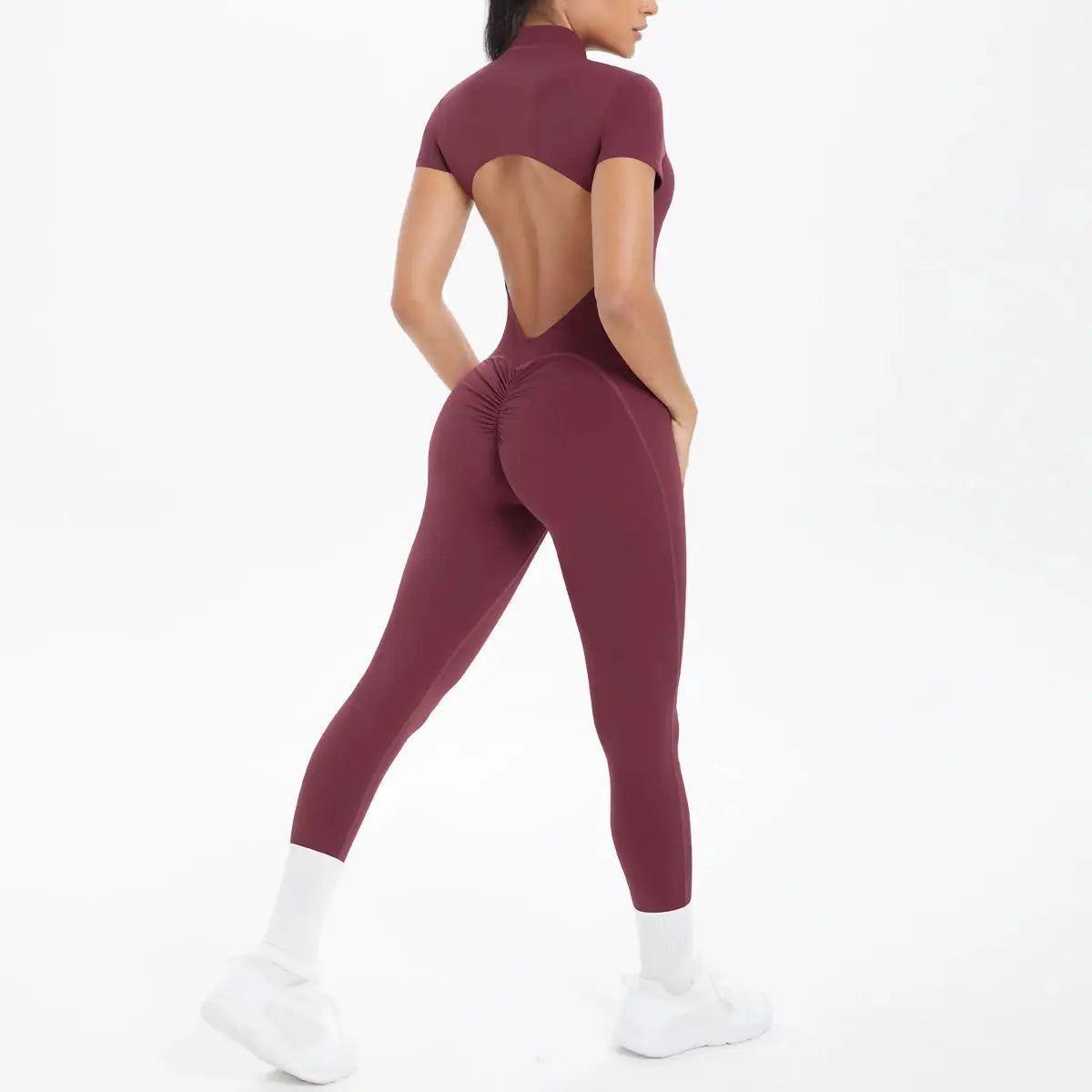 Short-sleeve fitness jumpsuit burgundy backless with scrunch rear, full-length leggings for women
