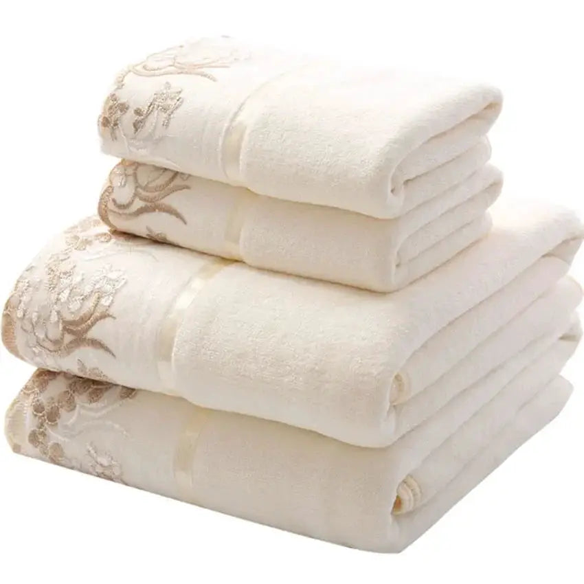 Lace-embroidered bath towel set, white microfiber, large adult size