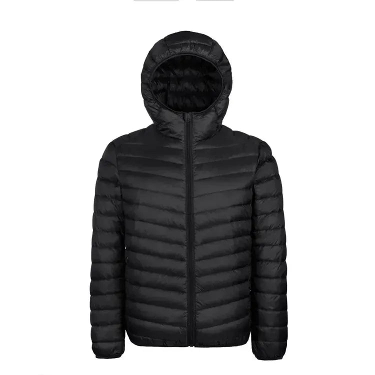 Men's black down jacket by Simples Market, ultralight hooded coat with 90% white duck down