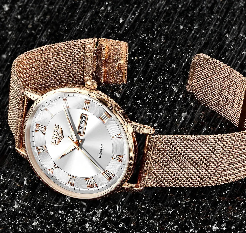 LIGE women's luxury watch with rose-gold steel mesh bracelet, Roman numerals and day-date window
