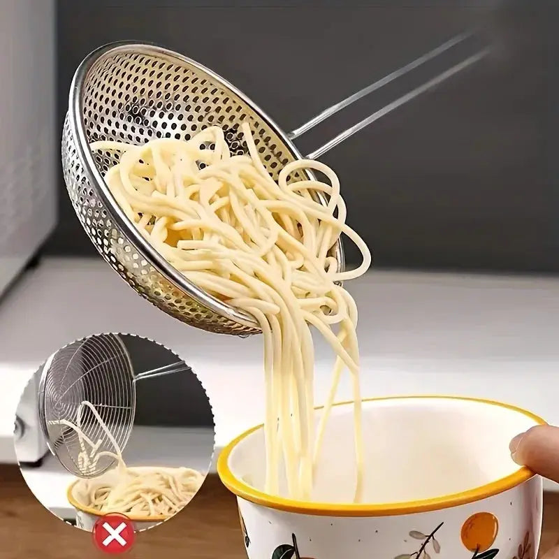 CulinaCraft Stainless Steel Colander With Wooden Handle Fine Mesh Strainer For Pasta Noodles Grease Filtration