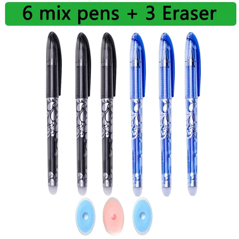 Simples Market Kawaii erasable gel pen set: 6 mixed pens (black and blue) with floral pattern + 3 erasers (blue/pink)