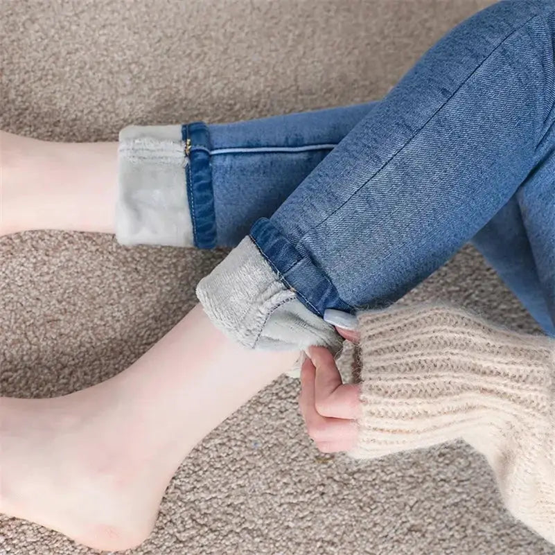 Women Thermal Skinny Jeans With Plush Lining Warm Winter Denim Pants