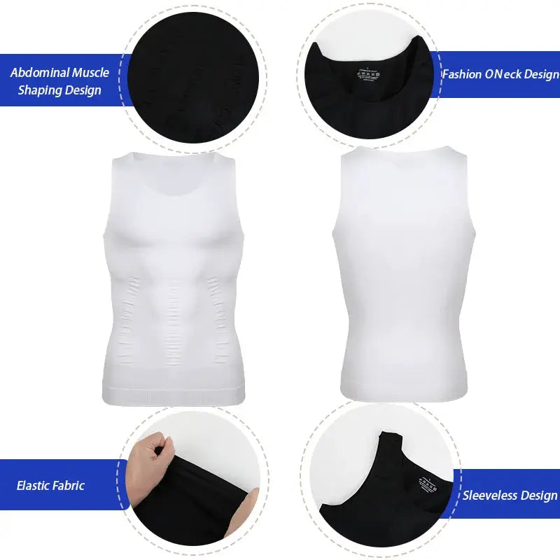Simples Market 2pc men's sleeveless shapewear tank tops in white with elastic fabric and abdominal shaping design