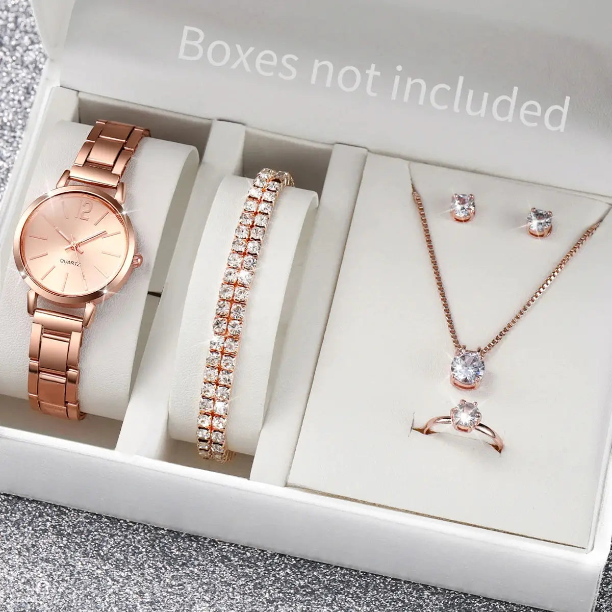 6-piece Simples Market rose-gold women's quartz watch set with stainless steel band, crystal bracelet, necklace and ring