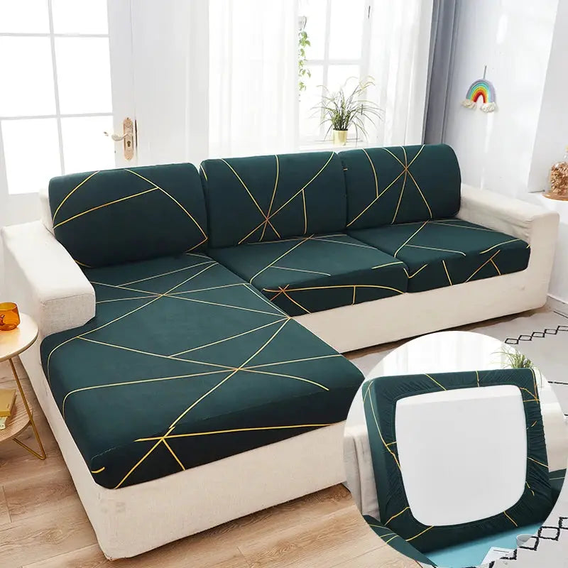 Simples Market stretch couch cushion slipcovers in dark teal with gold geometric lines for sofa cushions