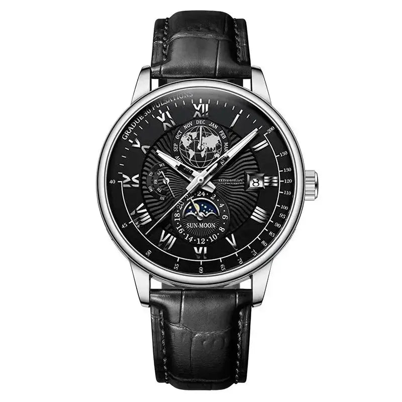 NovaLux Moon Phase Chronograph Leather Mens Watch With Luminous Hands And Complete Calendar