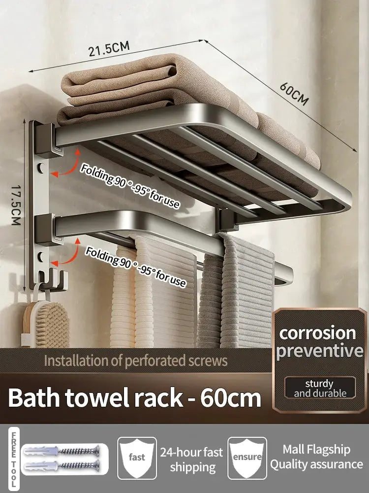 Grey-black folding aluminum bath towel rack with hooks, 60cm, wall-mounted