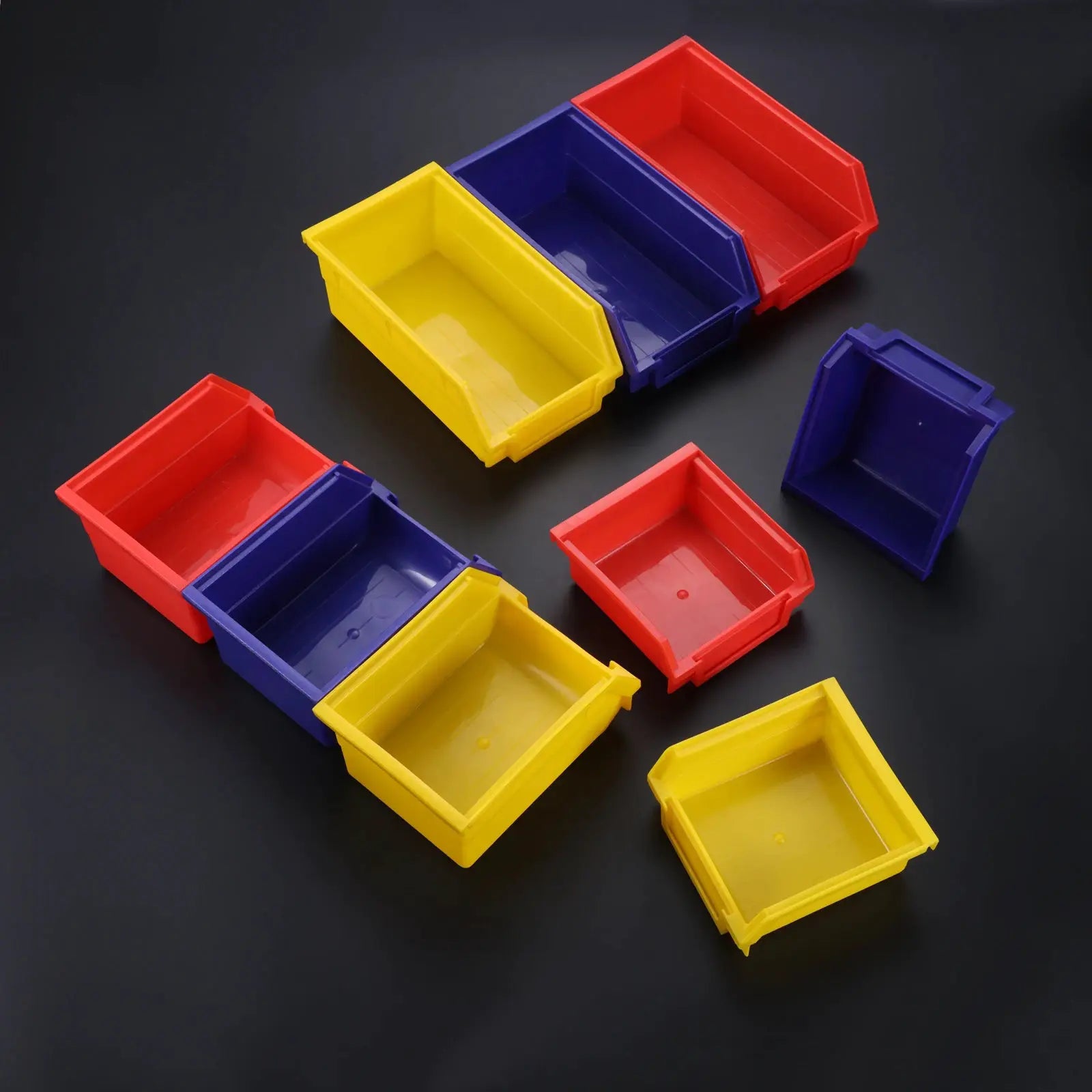 ABS stackable storage bins by Simples Market in red, blue and yellow; assorted colors, multiple bins