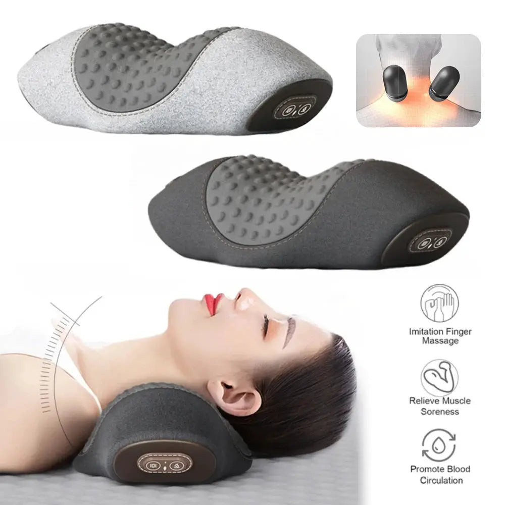 Electric neck massager pillow by Simples Market, gray fabric cervical support with heating and vibration