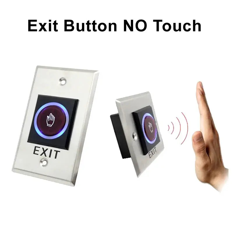Exit button by Simples Market, infrared no-touch with LED ring on metal wall plate