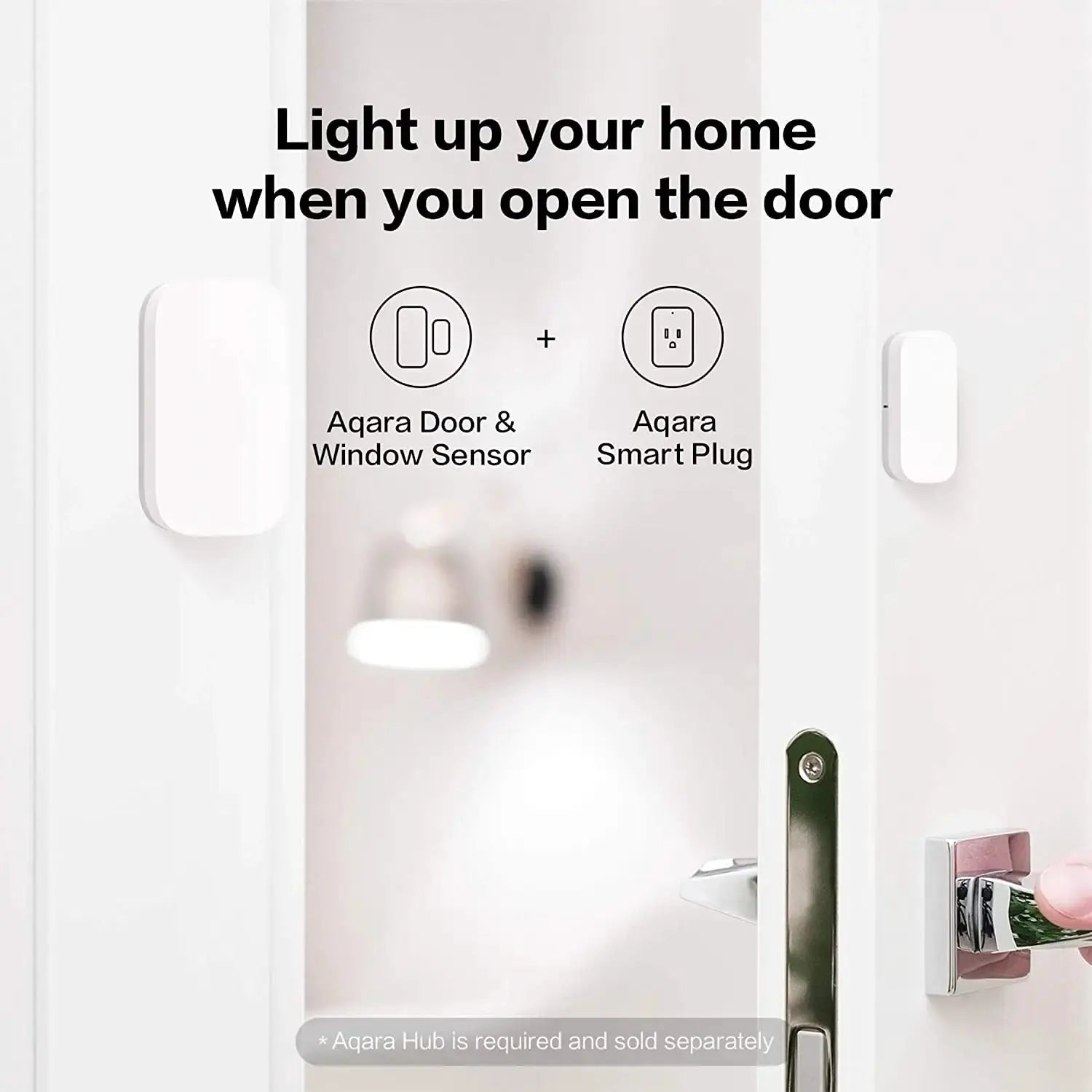 Aqara Door & Window Sensor and Aqara Smart Plug mounted on a white door frame (2 devices)