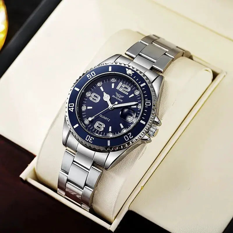 Simples Market stainless steel men's quartz wristwatch with blue dial and rotating bezel