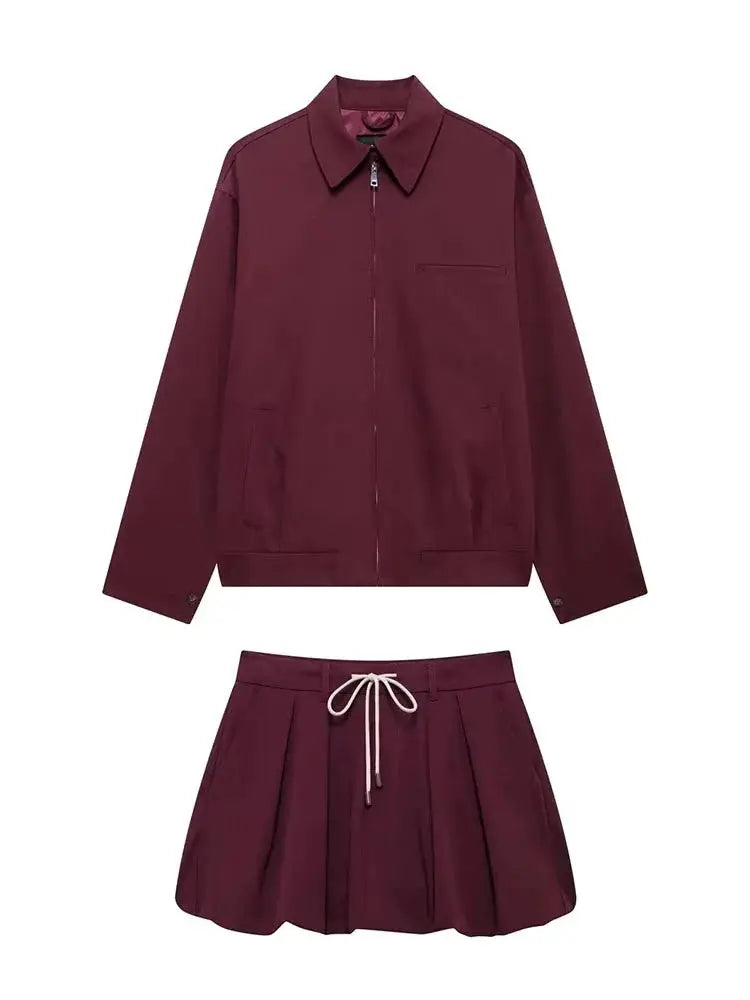 Casual Women Two Piece Set Lace Up Jacket Lantern Sleeve Mini Skirt