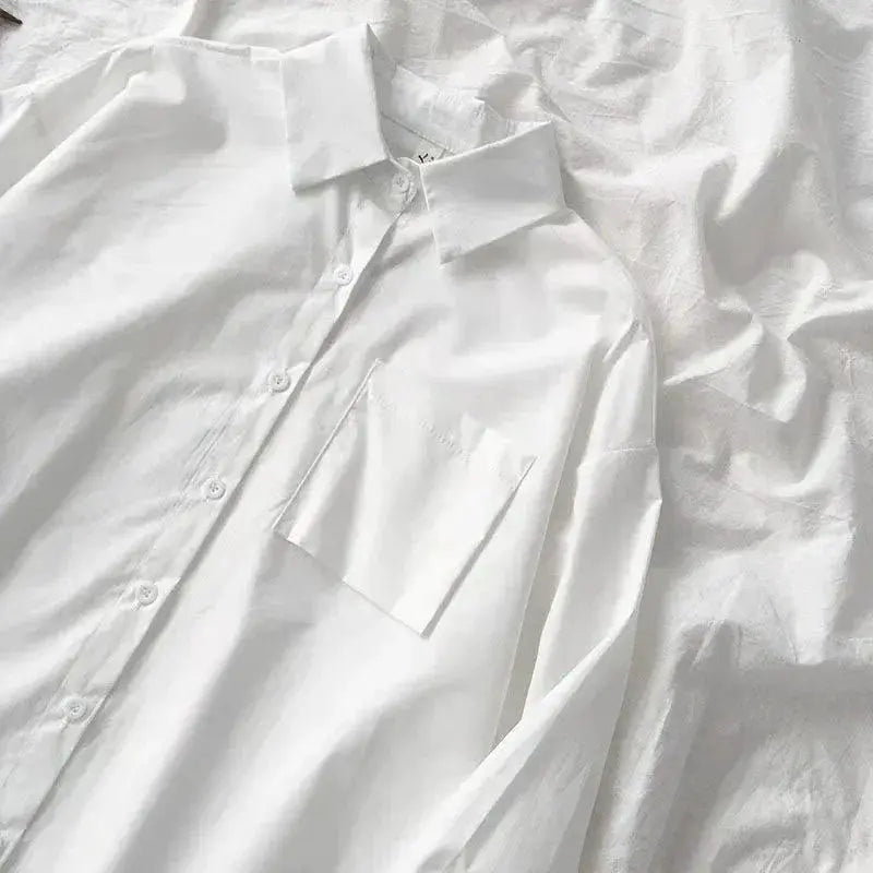 Japanese style loose white shirt by Simples Market with chest pocket and turn-down collar, oversized blouse