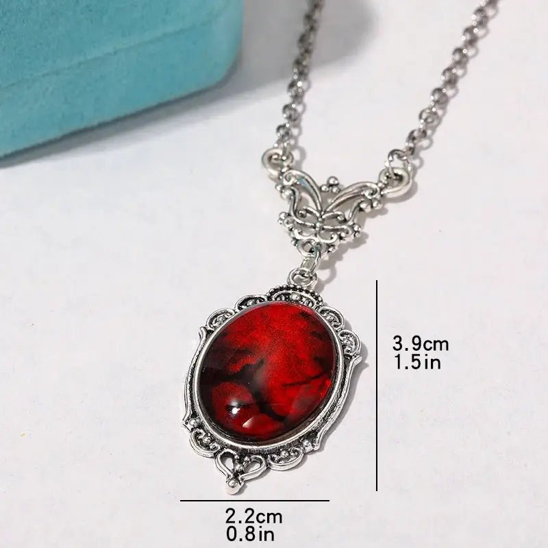 Gothic Blood Red Quartz Charm Necklace With Oval Pendant For Women Halloween Vampire Embossed Witch Jewelry Vintage Chokers - Simples Market