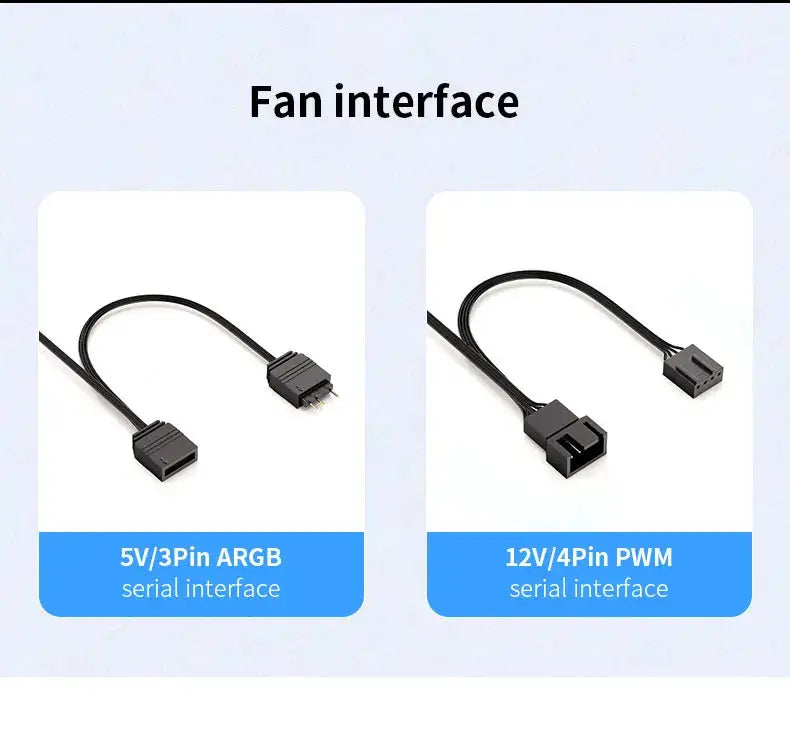 TEUCER LJ-4Pro computer case fan by Simples Market, showing ARGB 5V 3-pin and PWM 12V 4-pin interfaces.