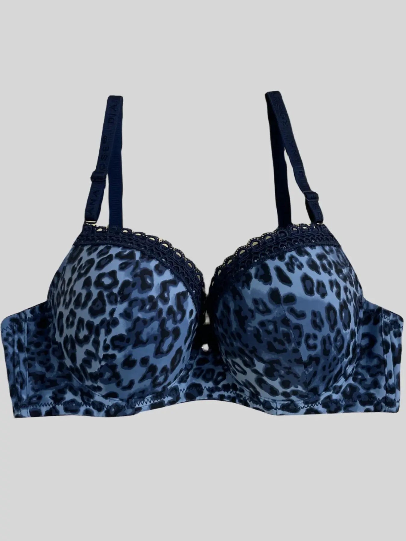 Diana Rose leopard-print push-up bra with navy straps, lace trim