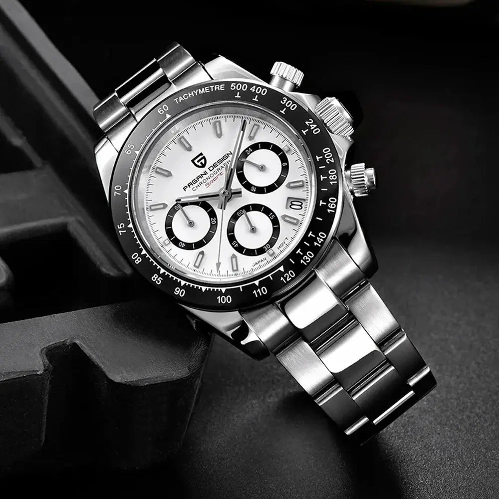 PAGANI DESIGN PD1644 men's stainless steel chronograph watch with white dial, black bezel, sapphire glass