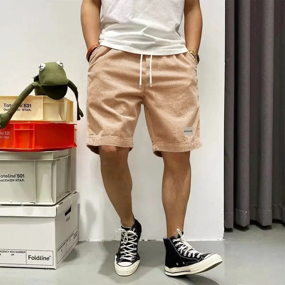 Men's beige corduroy shorts with elastic drawstring waist, baggy casual sports shorts
