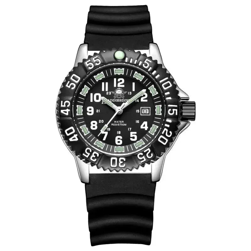 Addies Dive men's diver watch with black dial, luminous markers, rotating bezel, rubber strap, 50m water resistant.