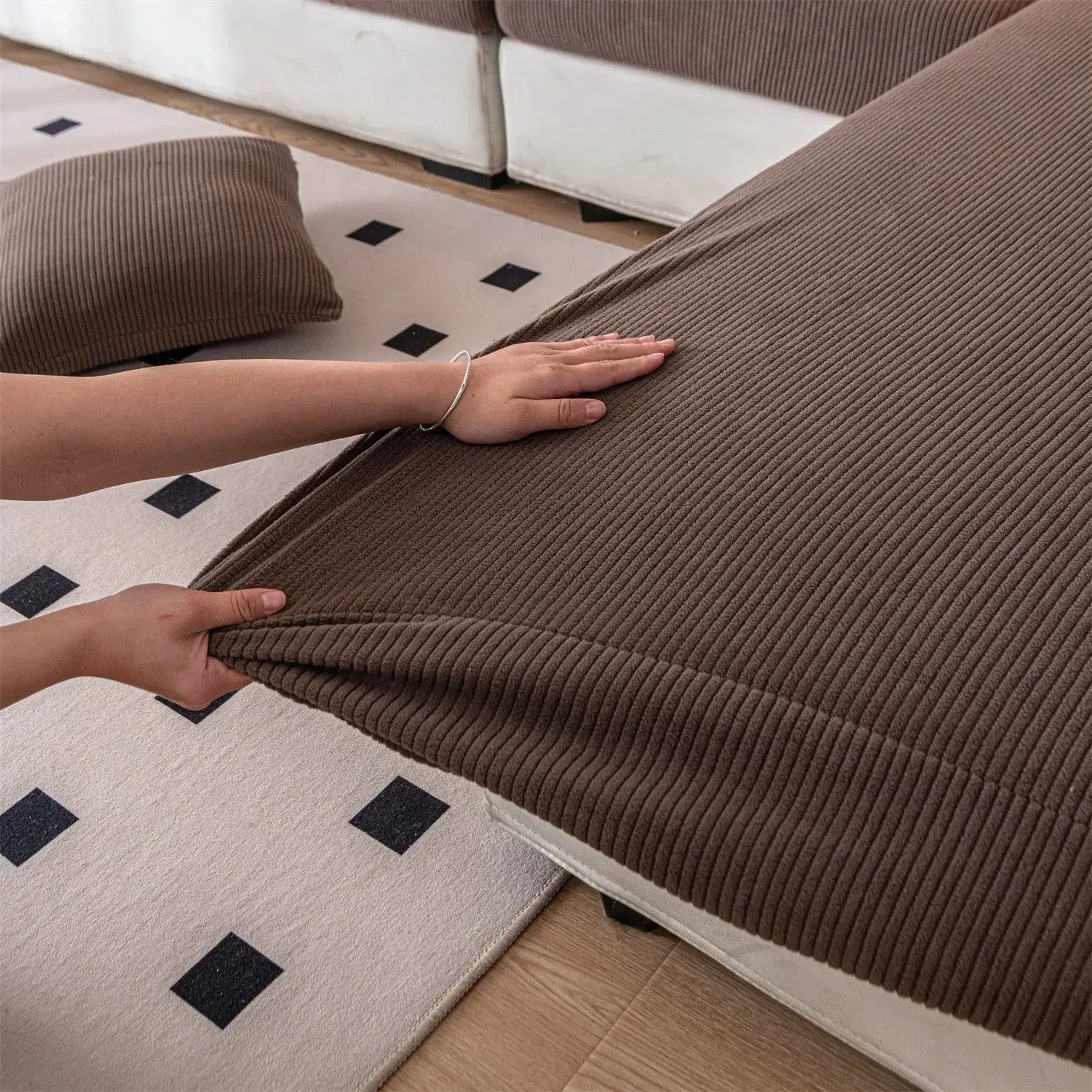 Simples Market brown striped jacquard stretch sofa cushion cover, removable and washable