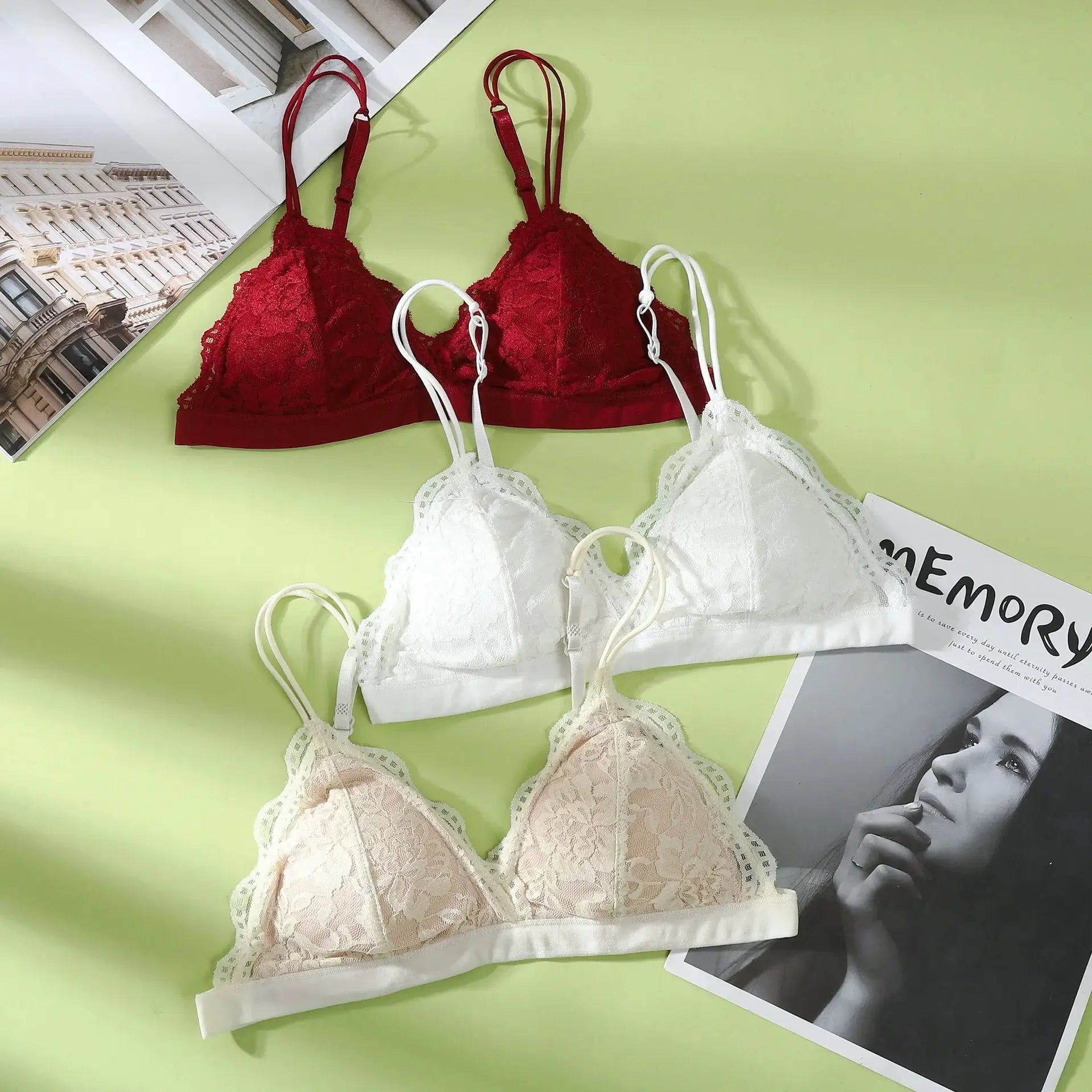 V-neck lace bralette set with double straps in red, white, and beige, with scalloped edges