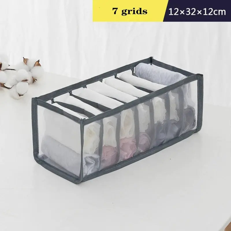 Underwear and sock organizer box by Simples Market, 7-grid gray mesh with clear panels, 12x32x12 cm