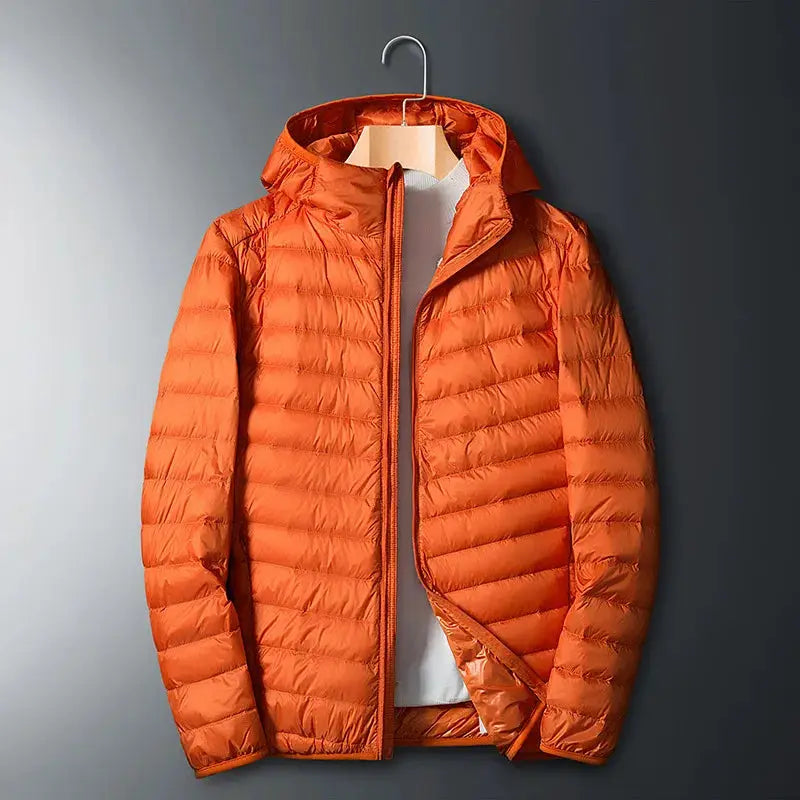 Plus-size men's orange hooded down jacket by Simples Market; lightweight puffer coat