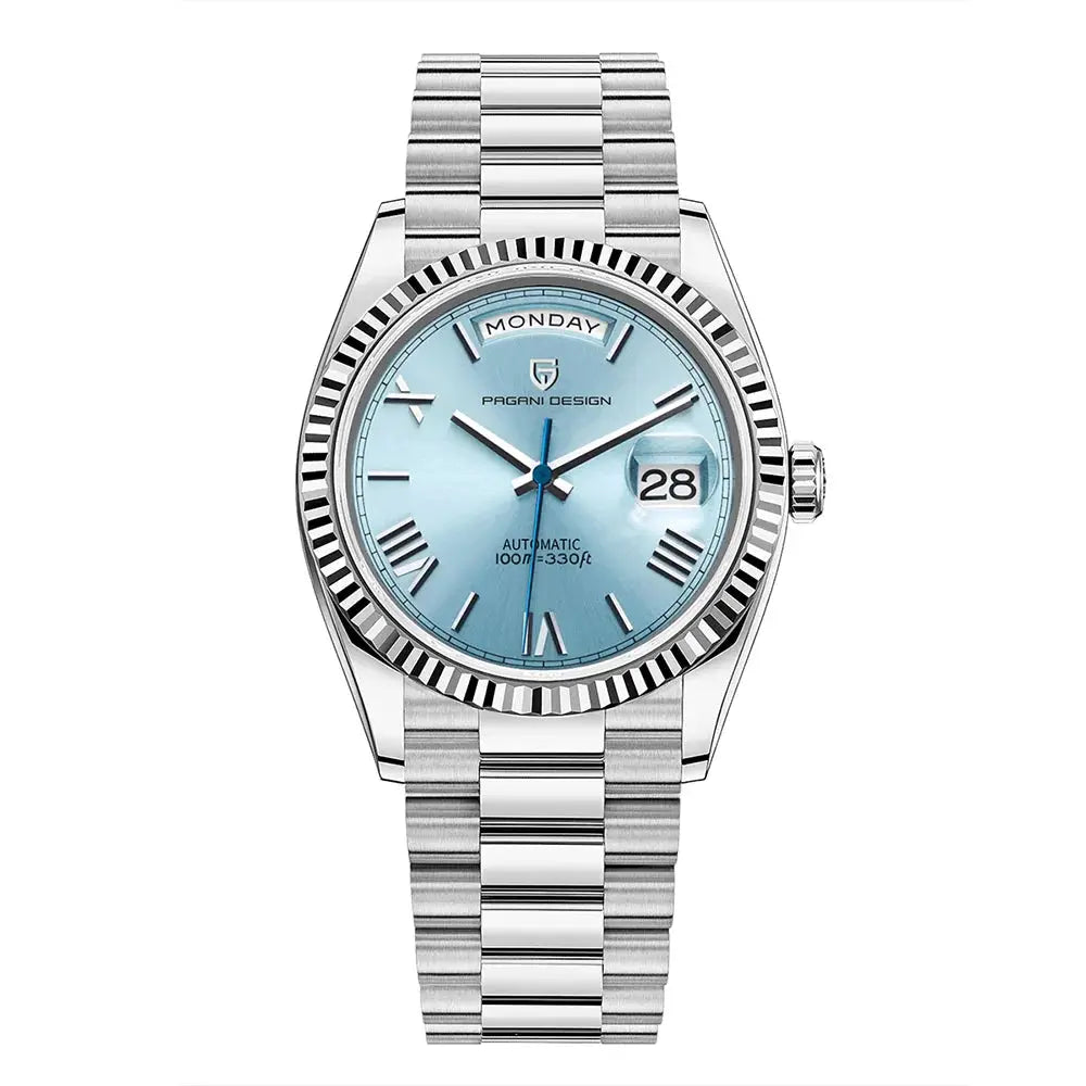 Pagani Design DD36 automatic men’s watch with blue dial, stainless steel bracelet, day/date double calendar
