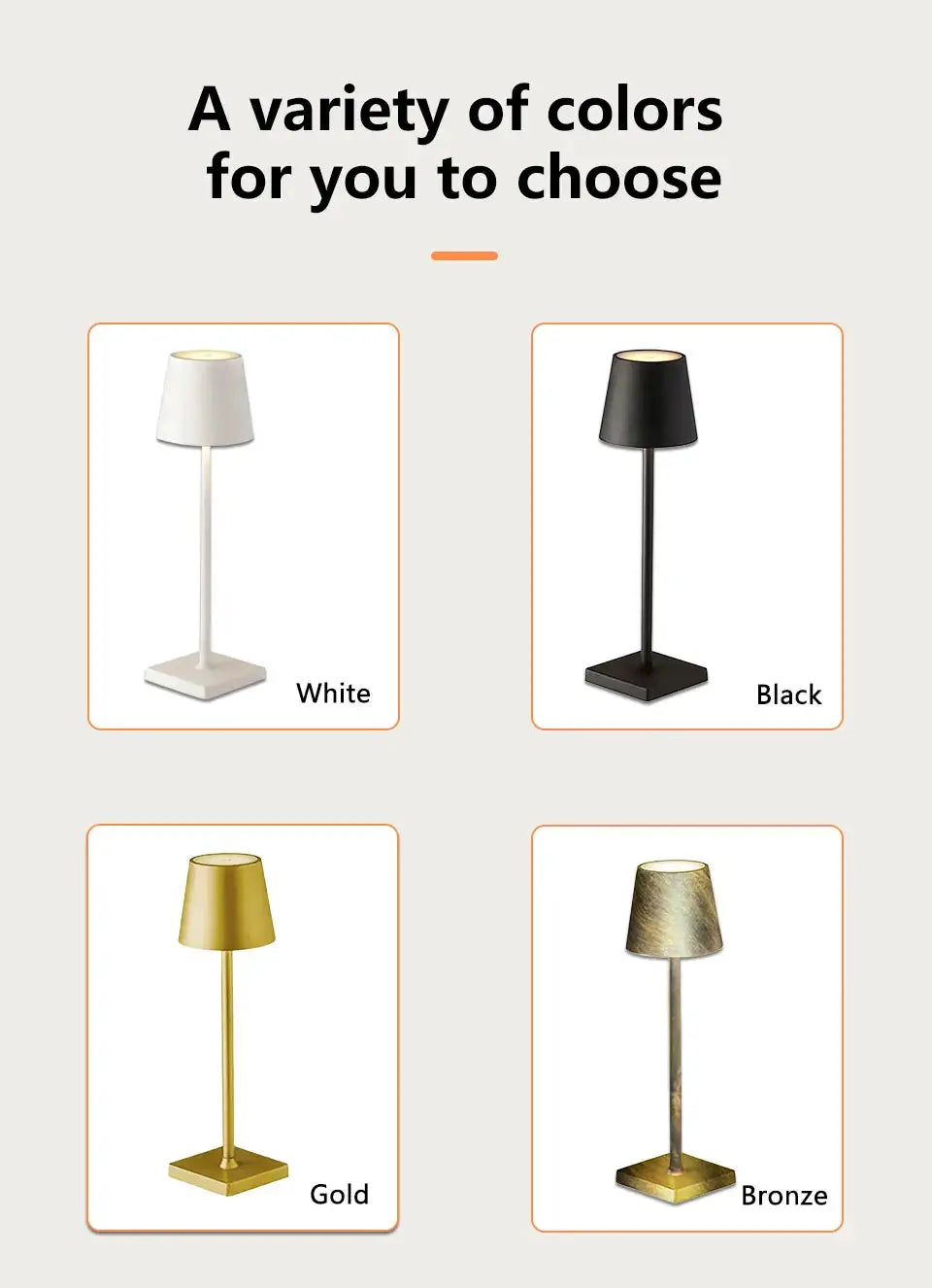 LED desk lamp with USB rechargeable wireless touch control in white, black, gold and bronze finishes