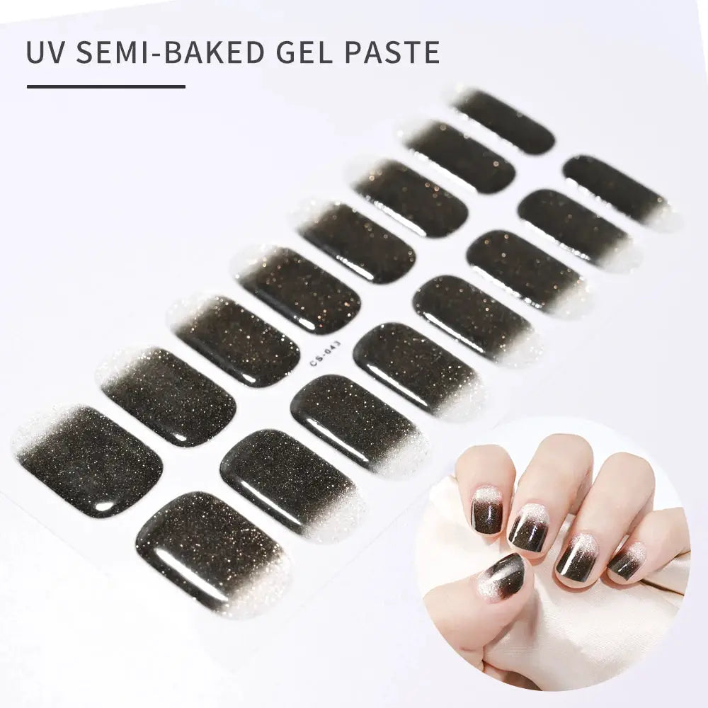 Simples Market 16Tips French black glitter nail stickers sheet with full-coverage UV gel wraps
