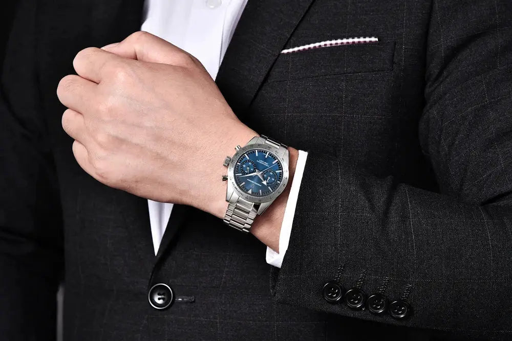PAGANI DESIGN Retro Luxury quartz men's watch with blue dial, stainless steel bracelet, chronograph, sapphire crystal