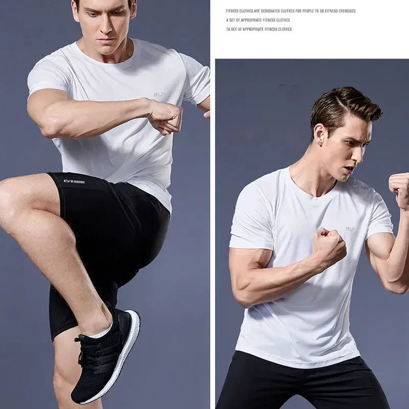 Men's quick-dry running T-shirt in white with RUN logo, shown in a split-view collage with black athletic shorts.
