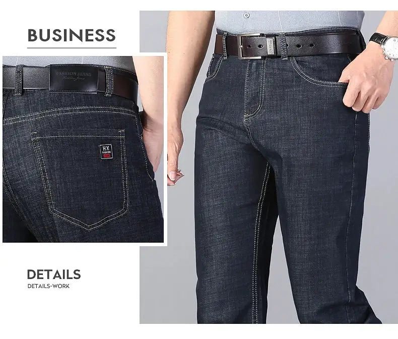 Men's Simples Market elastic stretch denim jeans, dark blue casual business trousers with belt