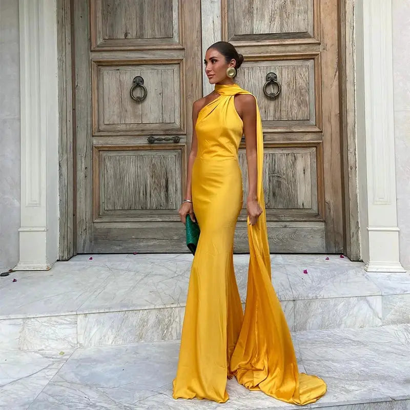 Glamouria Satin Ribbon Party Dress Halter Backless Off Shoulder Sleeveless Gown For Summer Events
