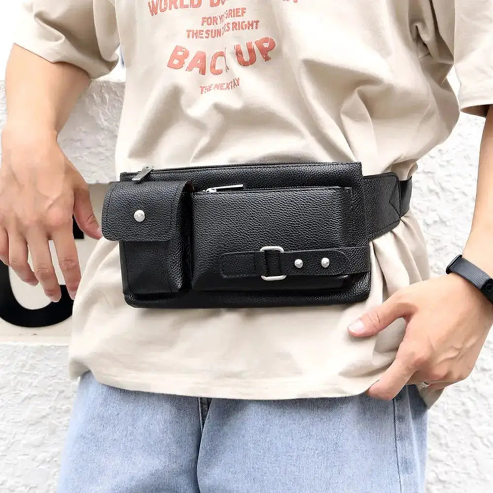 Simples Market black leather waist bag, a compact fanny pack with multiple pockets