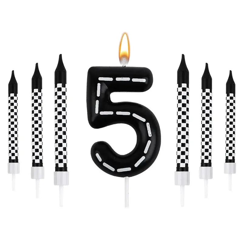 7 Piece Set Racing Car Themed Birthday Number Candles Black White Checkered Cake Topper For Kids Birthday Party