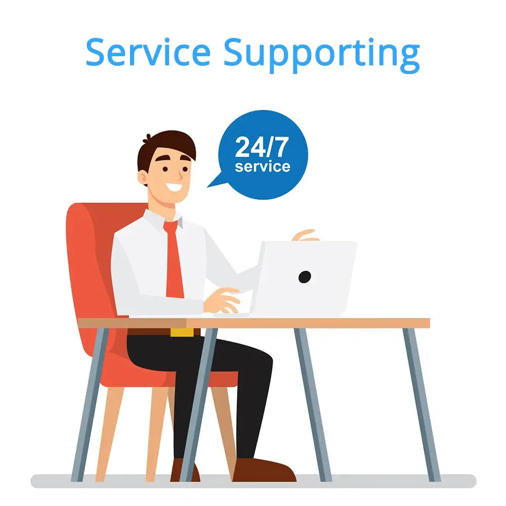 Customer support illustration: man at desk with laptop and 24/7 service badge
