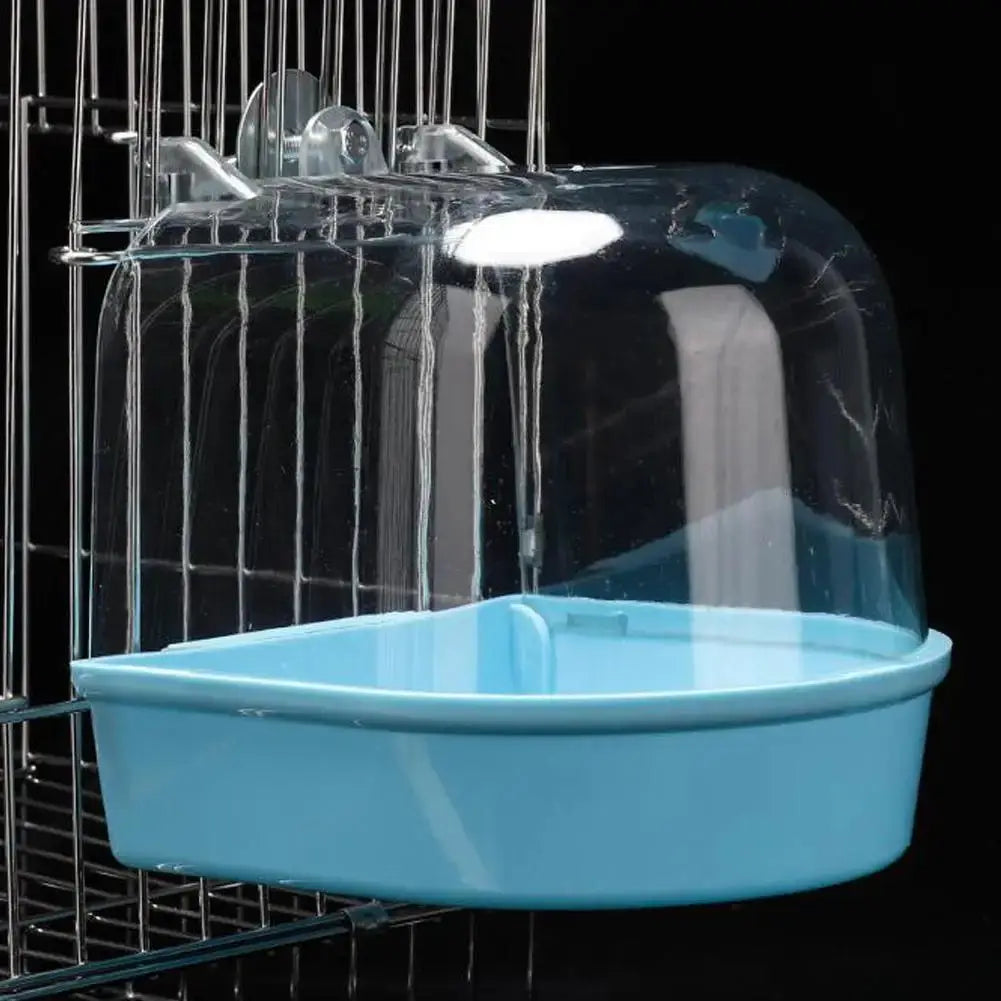 Hanging Bird Bath Cube by Simples Market, blue plastic tub with clear dome for small birds