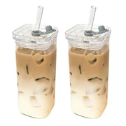 Square Heat Resistant Glass Coffee Cup With Lid And Straw 400ml