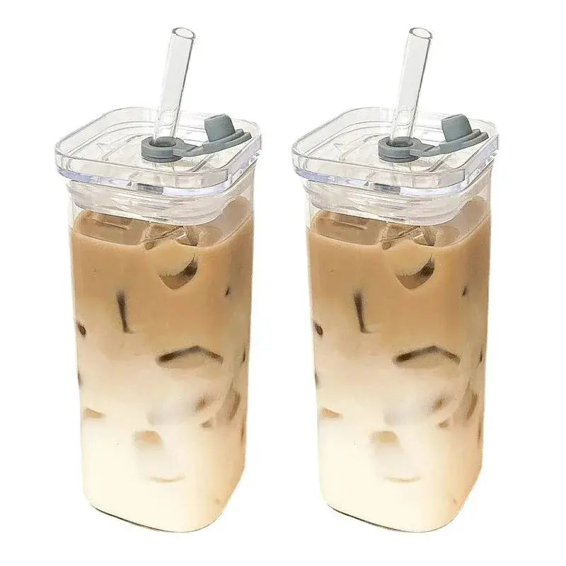 Square Heat Resistant Glass Coffee Cup With Lid And Straw 400ml