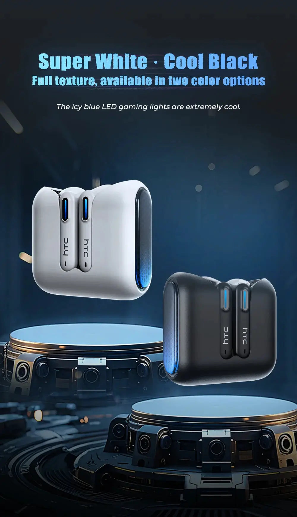 HTC NE49 Bluetooth earphones in white and black charging cases with blue LED accents by Simples Market