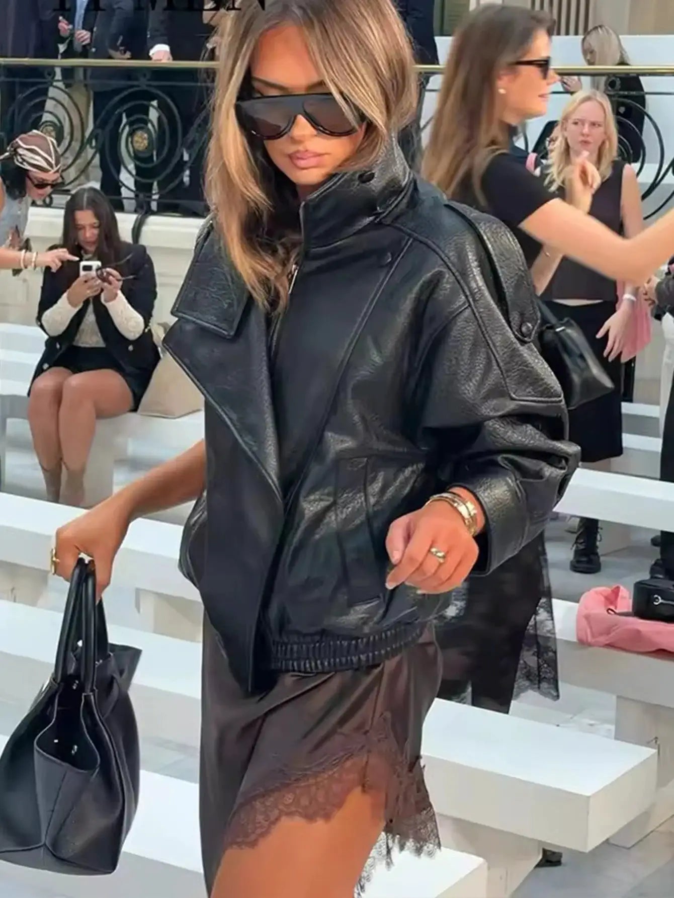 TFMLN Chic Black Faux Leather Jacket Oversized Buttoned Long Sleeve Coat For Women Streetwear Autumn Winter 2025
