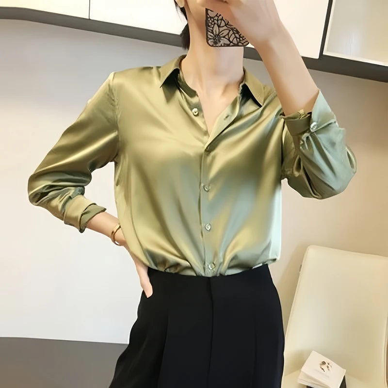 All Match Satin Finish Blouse For Women Turn Down Collar Three Quarter Sleeves Office And Casual Wear