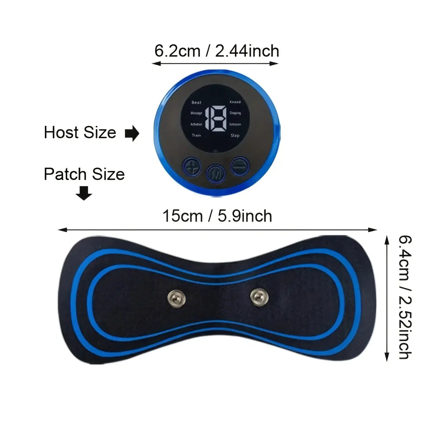 Simples Market two-piece EMS neck massager set with 8 modes and 19 levels; blue round control unit and matching black-blue pad.