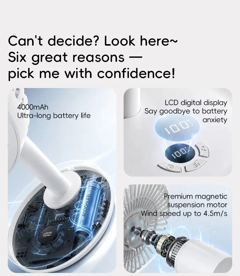 KINSCOTER Smart oscillating desk fan, white USB rechargeable with 4000mAh battery, 5 wind speeds and LCD display